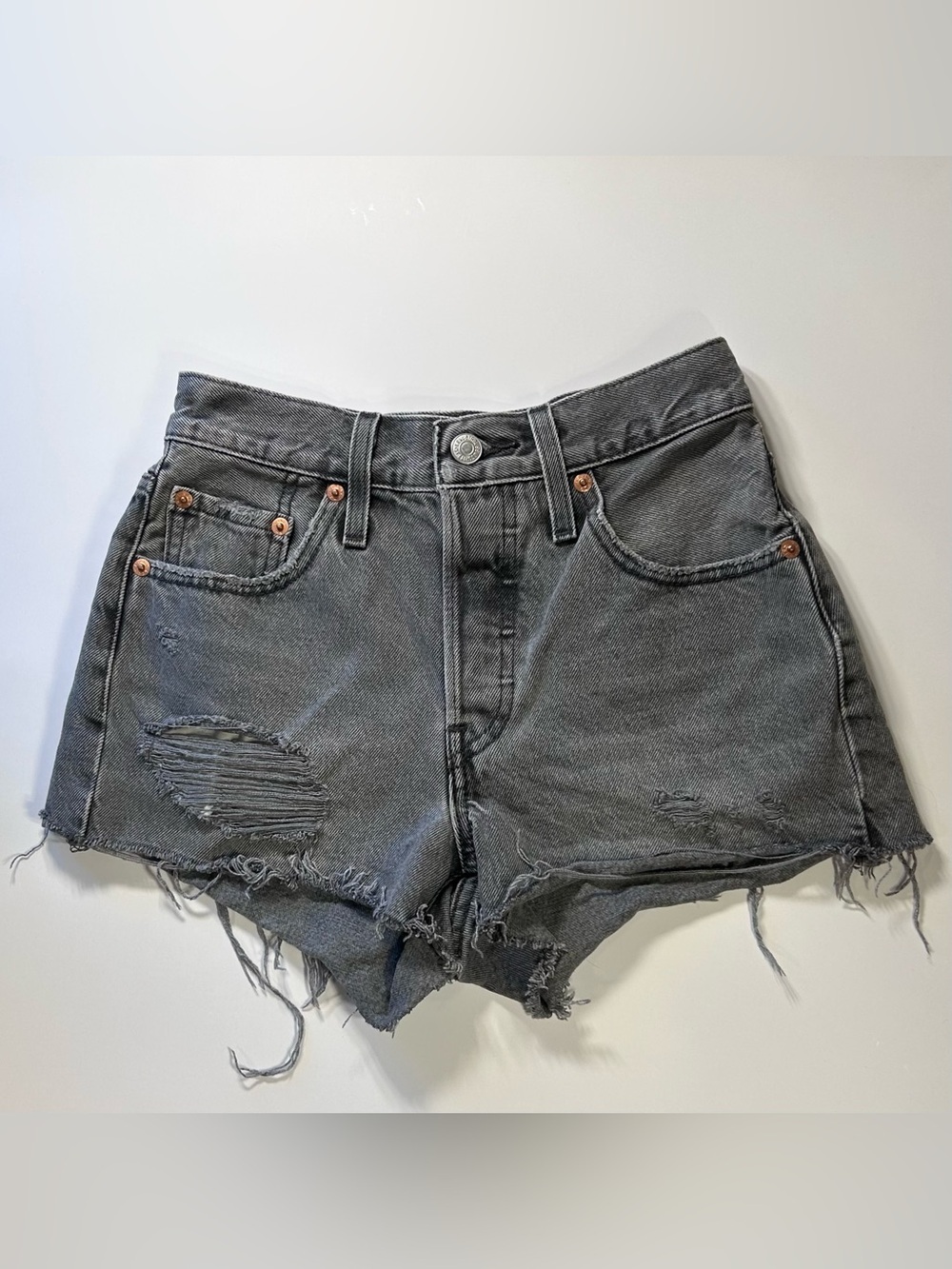 Levi's 501 Original Denim Shorts Womens 24 Grey Button Fly Distressed Raw Hem
